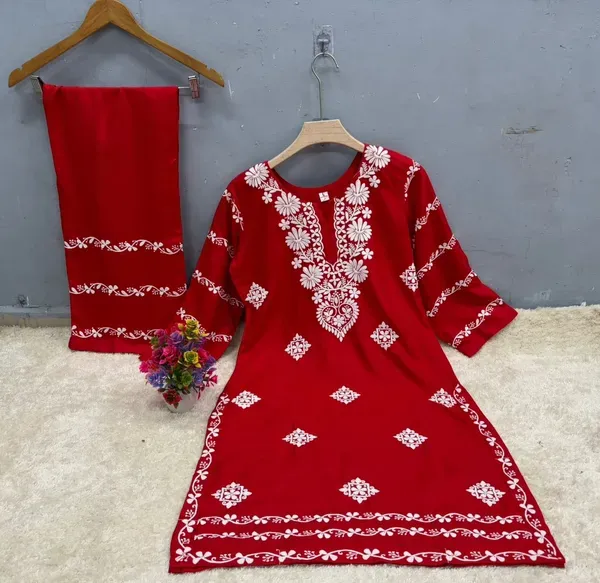 Red_Chikankari_Kurti_With_Matching_Printed_Plazzo_Suit_2ps_For_Women