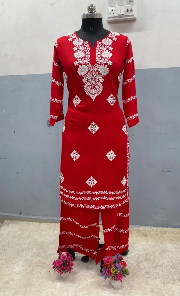 Red_Chikankari_Kurti_With_Matching_Printed_Plazzo_Suit_2ps_For_Women