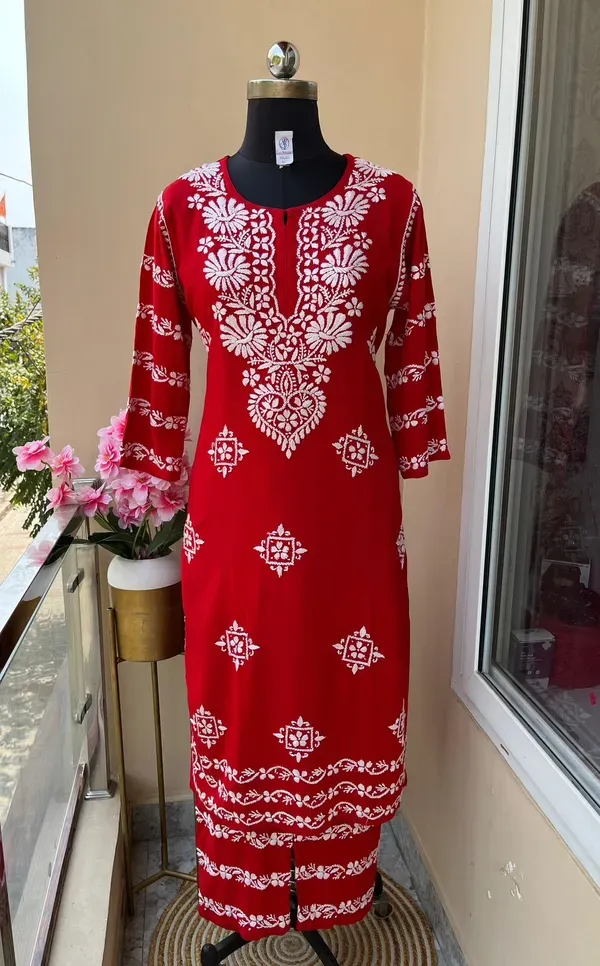 Red_Chikankari_Kurti_With_Matching_Printed_Plazzo_Suit_2ps_For_Women