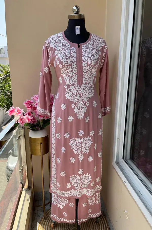 Pyazi_Long_Chikankari_Work_Latest_Rayon_Kurti_Wirh_Plazo_Set