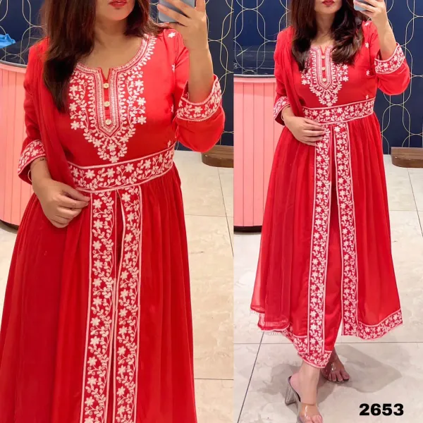 Red_Rayon_Palazzo_Suit_With_Gown_Indo_Western_Dress