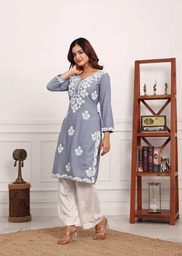Grey_Chikan_Kurta_For_Women_Rayon_Straight_Chikankari_Kurti_And_White_Plazo