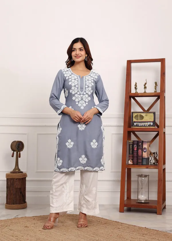 Grey_Chikan_Kurta_For_Women_Rayon_Straight_Chikankari_Kurti_And_White_Plazo