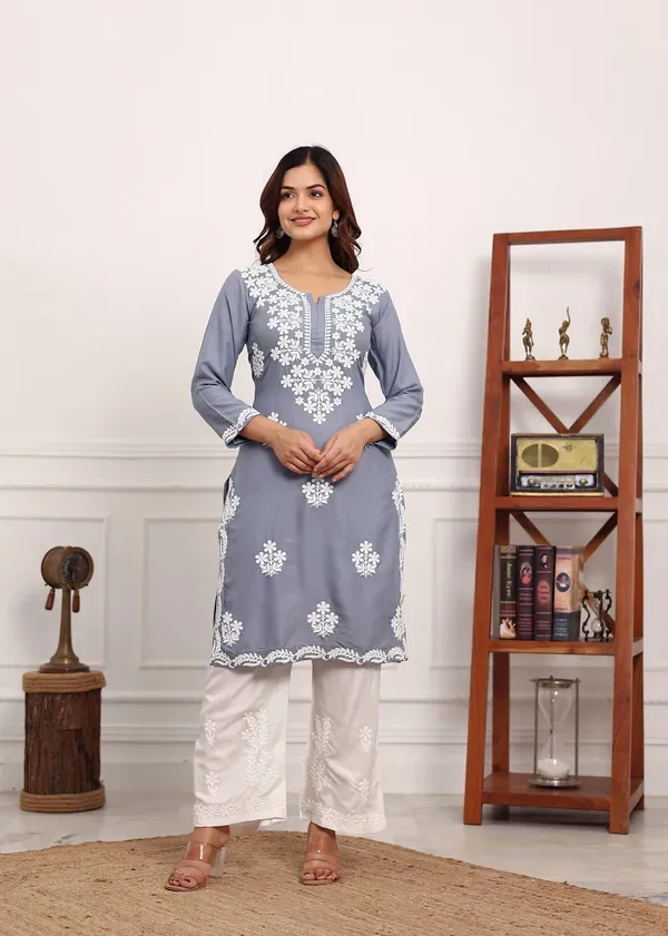Grey_Chikan_Kurta_For_Women_Rayon_Straight_Chikankari_Kurti_And_White_Plazo