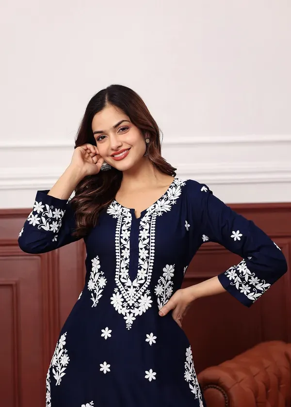 Blue_Premium_Rayon_Kurti_Plazo_Set