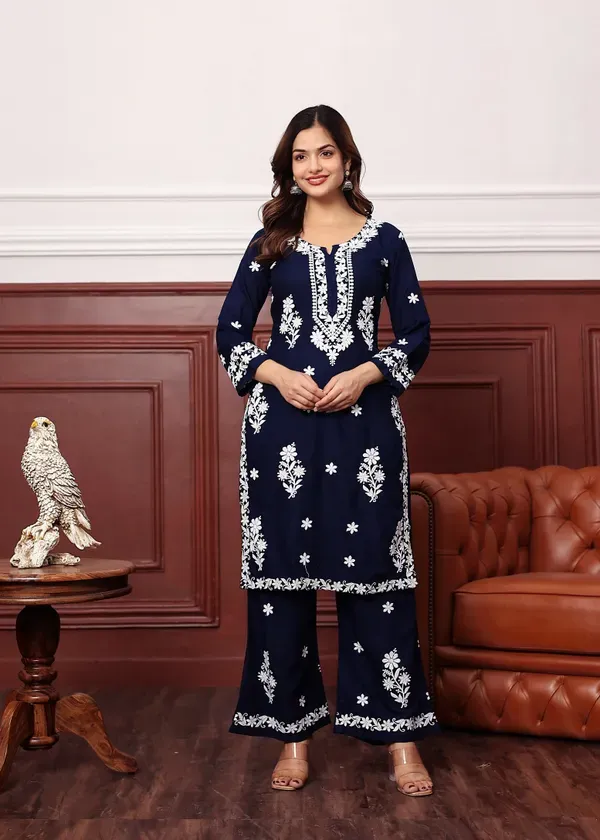 Blue_Premium_Rayon_Kurti_Plazo_Set
