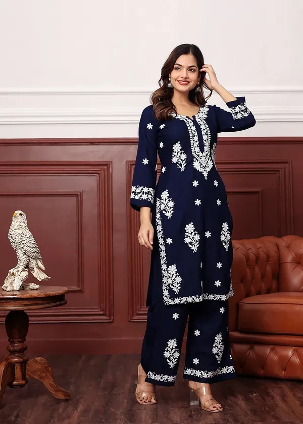Blue_Premium_Rayon_Kurti_Plazo_Set