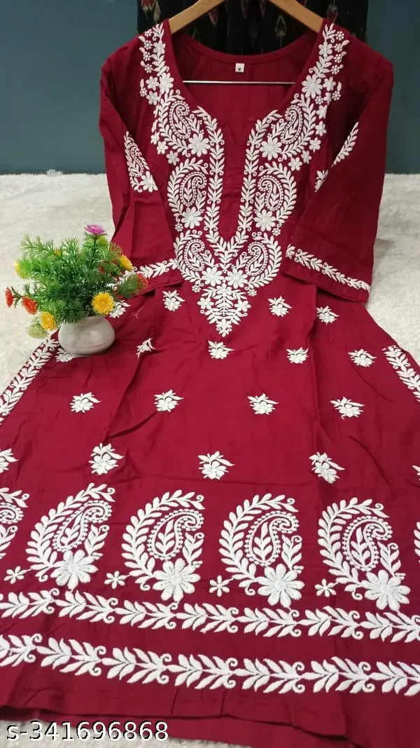 Maroon_Rayon_Cotton_Chikankari_Embroidery_Work_Kurti