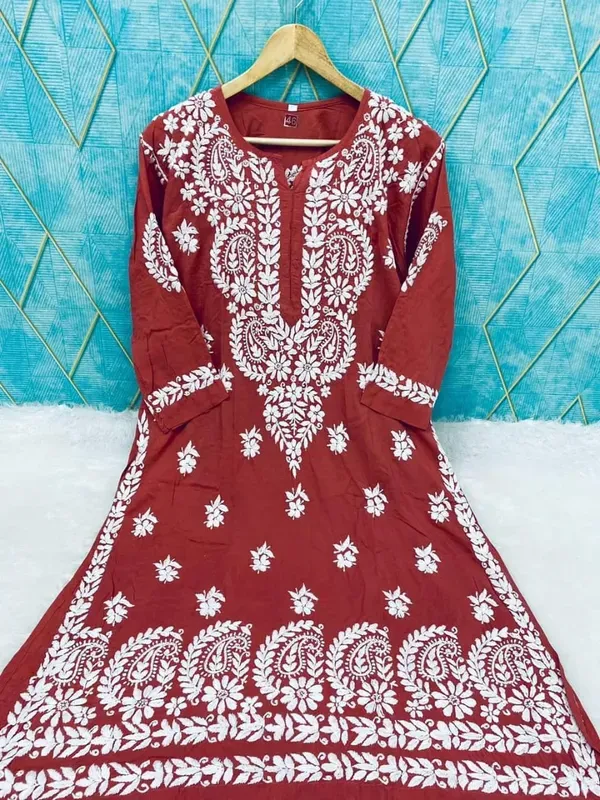 Maroon_Rayon_Cotton_Chikankari_Embroidery_Work_Kurti