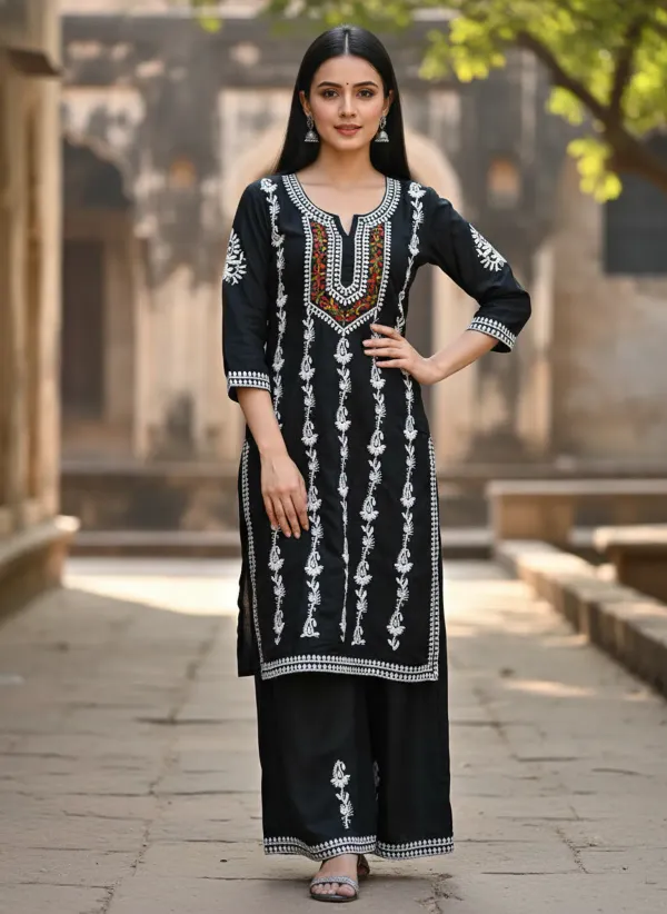Black_Elegant_Chikankari_Kurta_With_Palazzo_Set