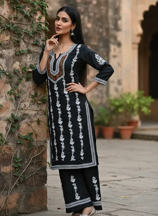 Black_Elegant_Chikankari_Kurta_With_Palazzo_Set