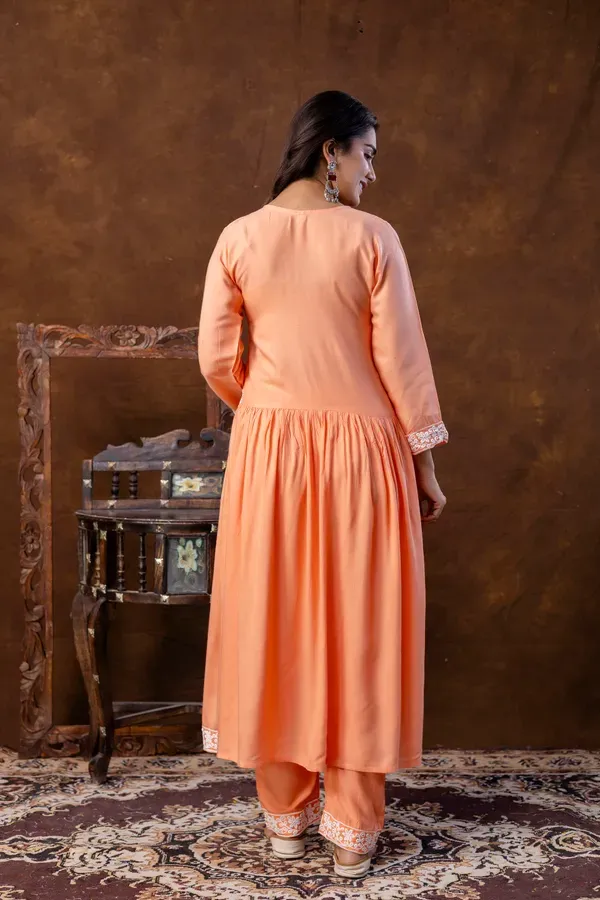 Peach_Women_Embroidered_Fashionable_Printed_Naira_Cut_Kurta_Pant_And_Dupatta_Set_For_Wedding_Party_Festivals