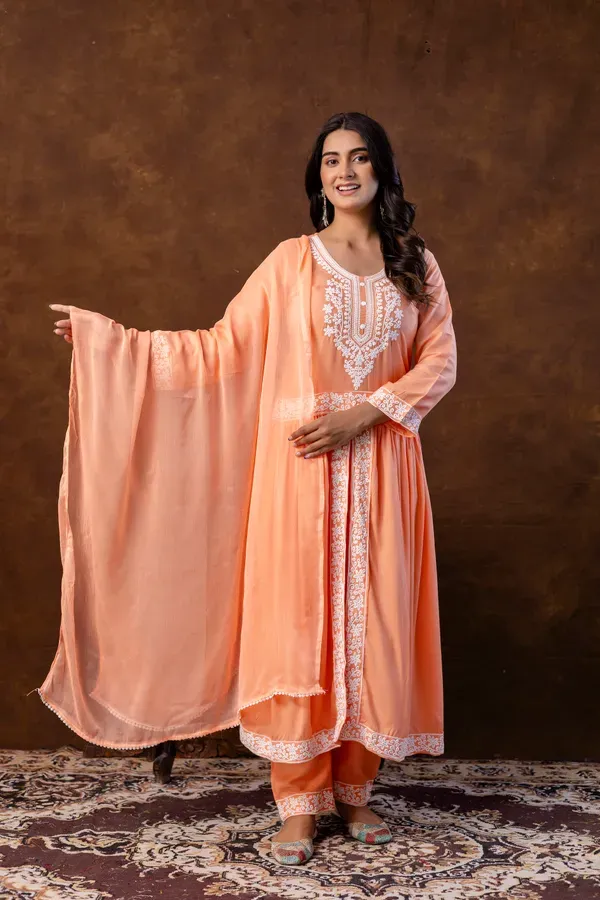 Peach_Women_Embroidered_Fashionable_Printed_Naira_Cut_Kurta_Pant_And_Dupatta_Set_For_Wedding_Party_Festivals