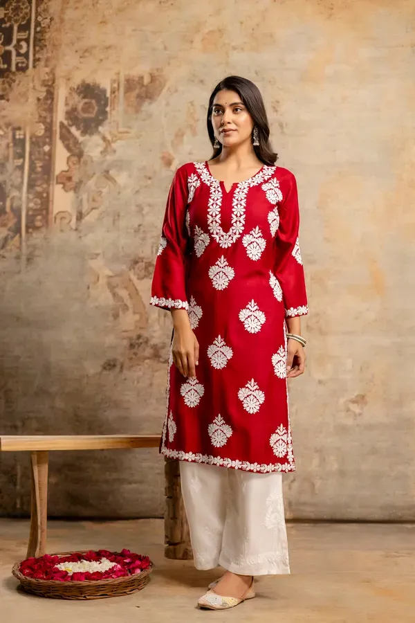 Maroon_Floral_Embroidered_Round_Neck_Chikankari_Straight_Kurta_With_Palazzo