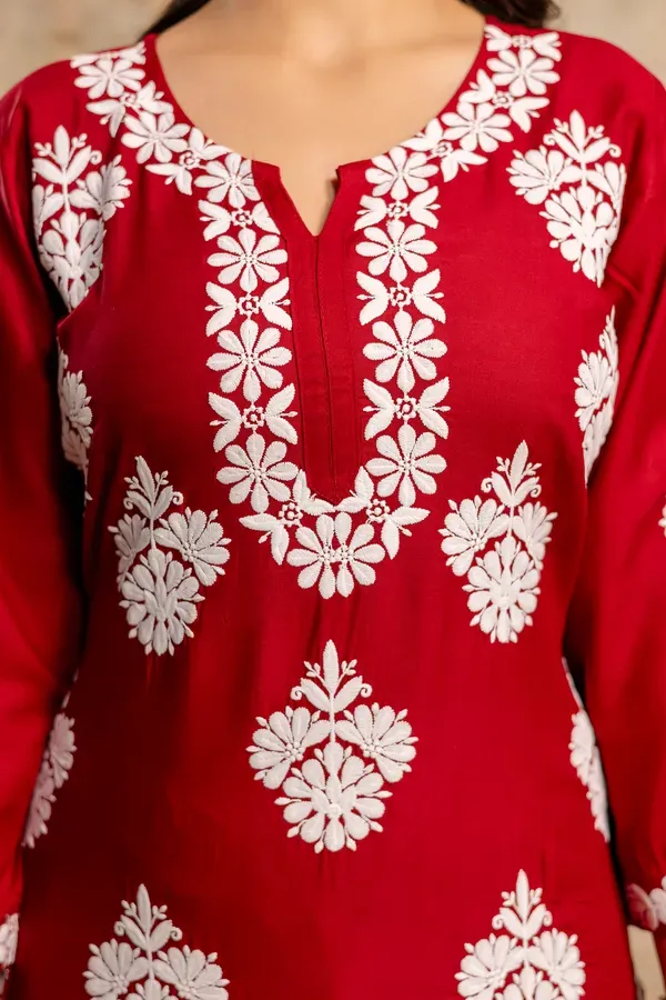 Maroon_Floral_Embroidered_Round_Neck_Chikankari_Straight_Kurta_With_Palazzo