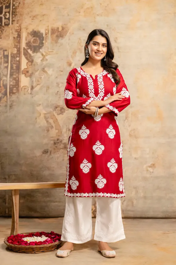 Maroon_Floral_Embroidered_Round_Neck_Chikankari_Straight_Kurta_With_Palazzo
