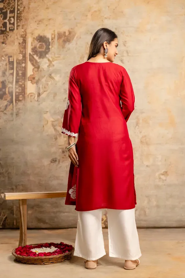 Maroon_Floral_Embroidered_Round_Neck_Chikankari_Straight_Kurta_With_Palazzo