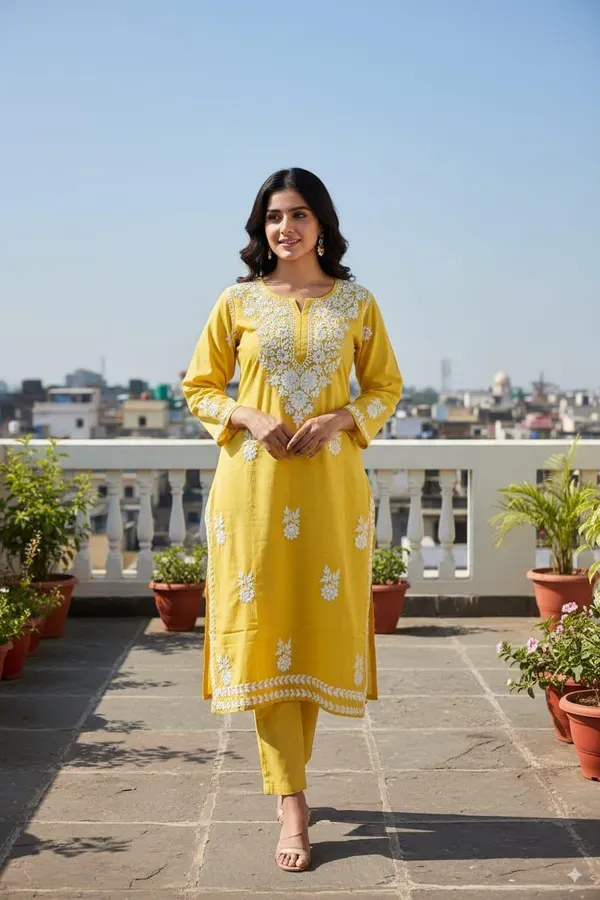Lemon_Floral_Embroidered_Regular_Chikankari_Kurta_With_Trousers