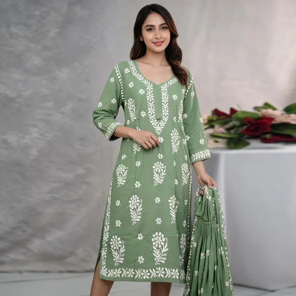 Green_Cotton_Kurta_Set_For_Women
