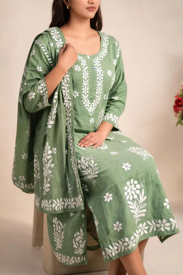 Green_Cotton_Kurta_Set_For_Women