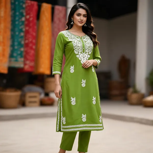 Green_Cotton_Kurta_Set_For_Women