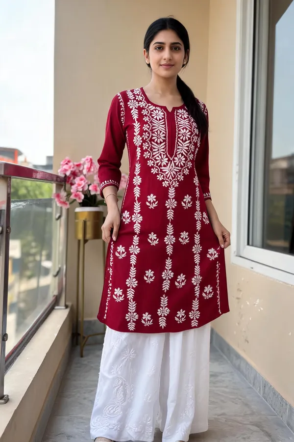 Maroon_Cotton_Kurti_With_Palazzo_Set_For_Women