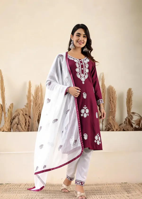 Wine_Cotton_Kurta_Set_For_Women