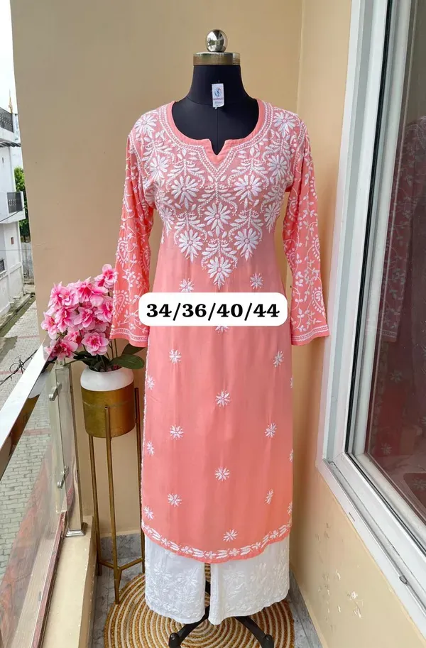 Peach_Chikankari_Work_Cotton_Thread_Rayon_Palazo_Kurtis