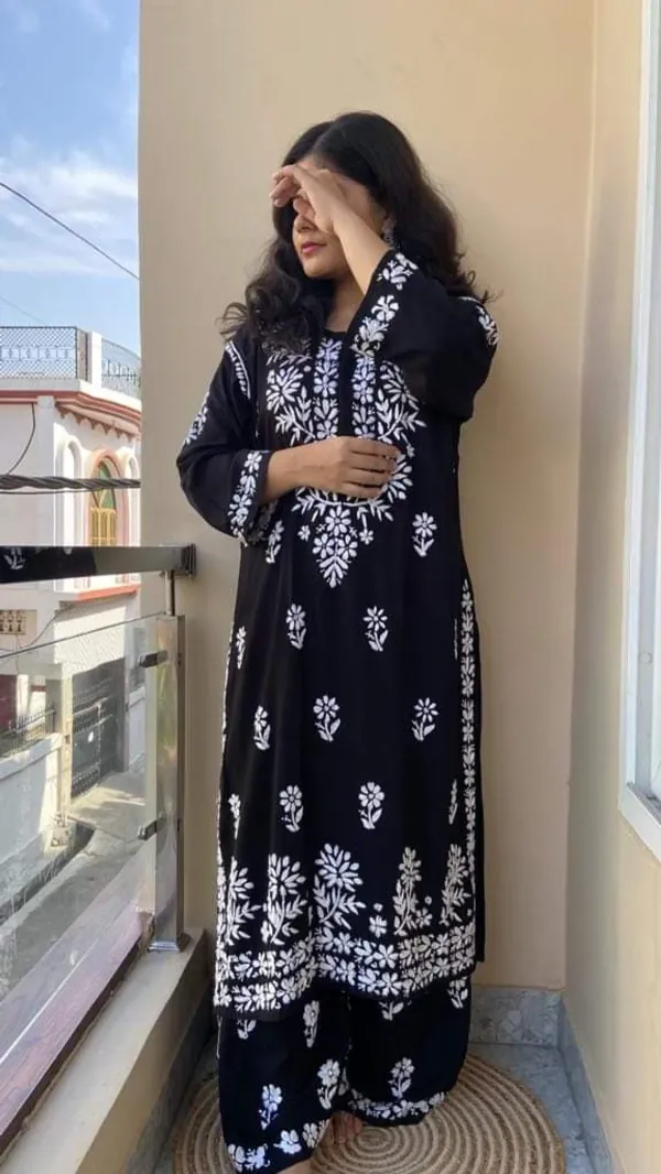 Black_Women_Embroidery_Chikankari_Kurti_Plazzo_Set