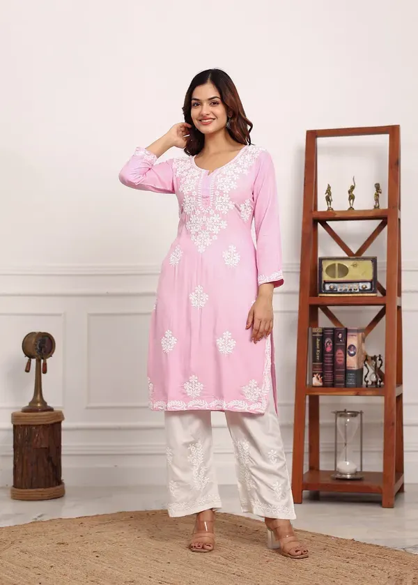 Baby_Pink_Chikan_Kurta_For_Women_Rayon_Straight_Chikankari_Kurti_And_White_Plazo_Set