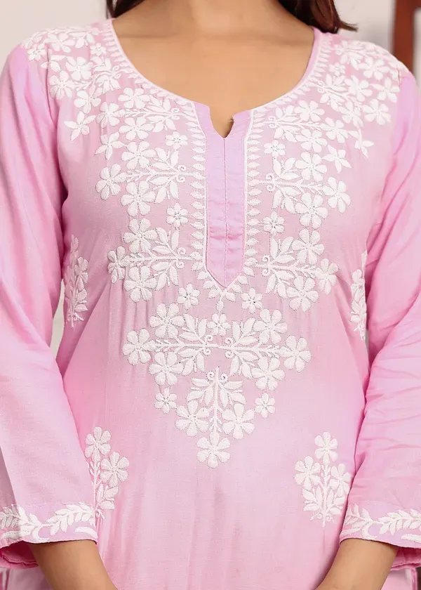 Baby_Pink_Chikan_Kurta_For_Women_Rayon_Straight_Chikankari_Kurti_And_White_Plazo_Set