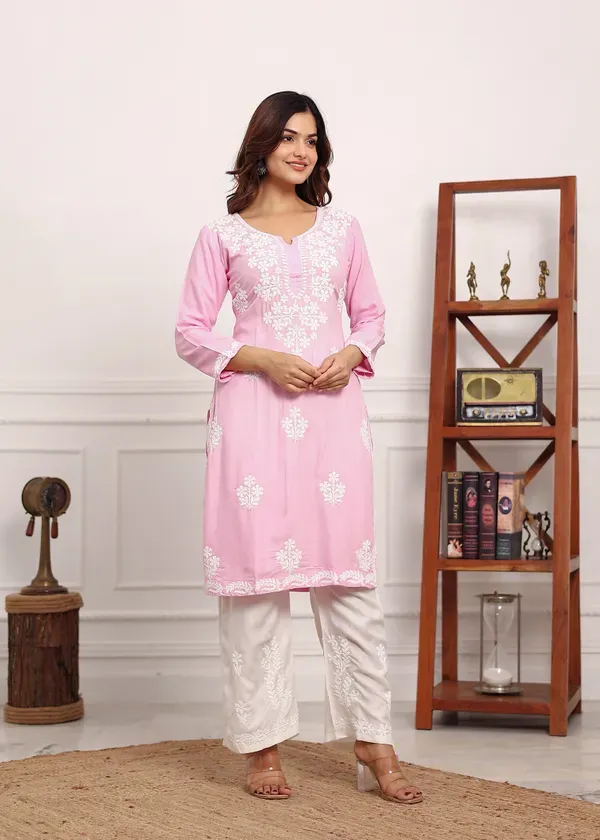 Baby_Pink_Chikan_Kurta_For_Women_Rayon_Straight_Chikankari_Kurti_And_White_Plazo_Set