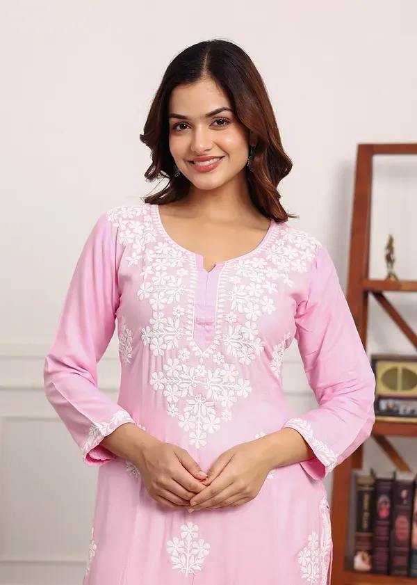Baby_Pink_Chikan_Kurta_For_Women_Rayon_Straight_Chikankari_Kurti_And_White_Plazo_Set