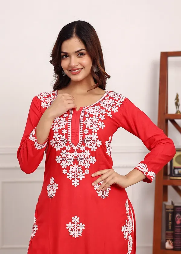 Gajari_Chikan_Kurta_For_Women_Rayon_Straight_Chikankari_Kurti_And_White_Pla