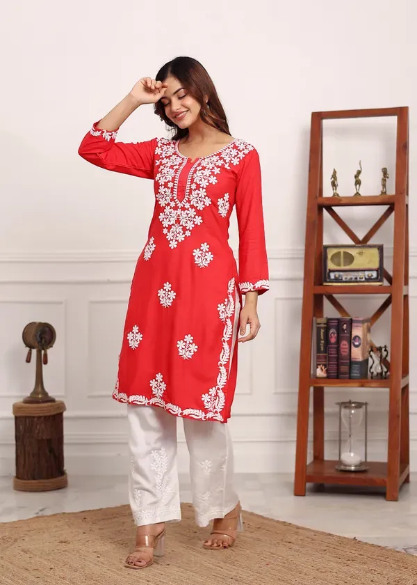 Gajari_Chikan_Kurta_For_Women_Rayon_Straight_Chikankari_Kurti_And_White_Pla