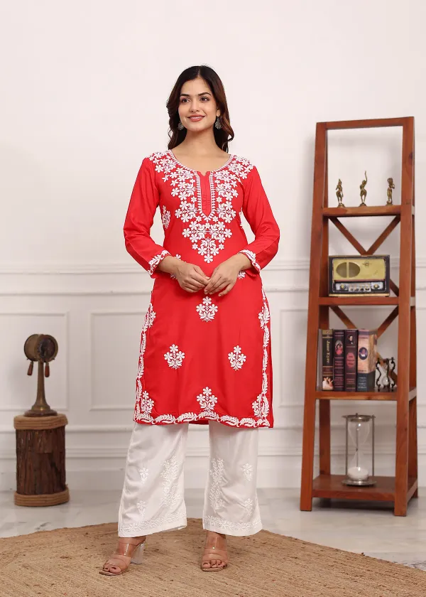 Gajari_Chikan_Kurta_For_Women_Rayon_Straight_Chikankari_Kurti_And_White_Pla