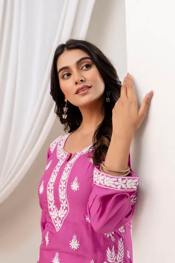 Magenta_Women_Embroidered_Chikankari_Modal_Kurta_Set