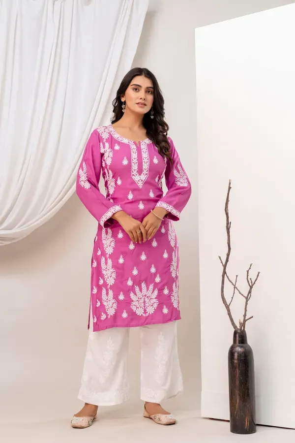 Magenta_Women_Embroidered_Chikankari_Modal_Kurta_Set