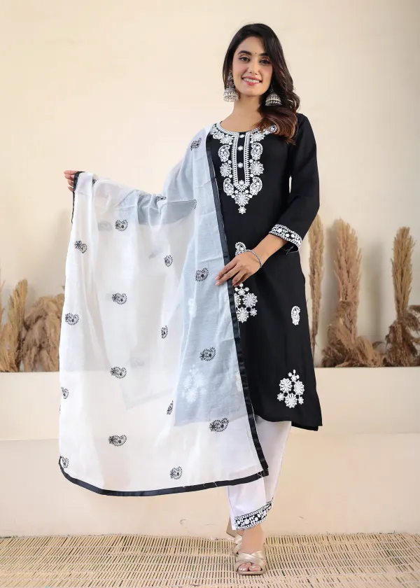 Black_Rayon_Chikankari_Kurti_With_Dupatta_And_Bottom_Wear_3_Piece_Set_For_W