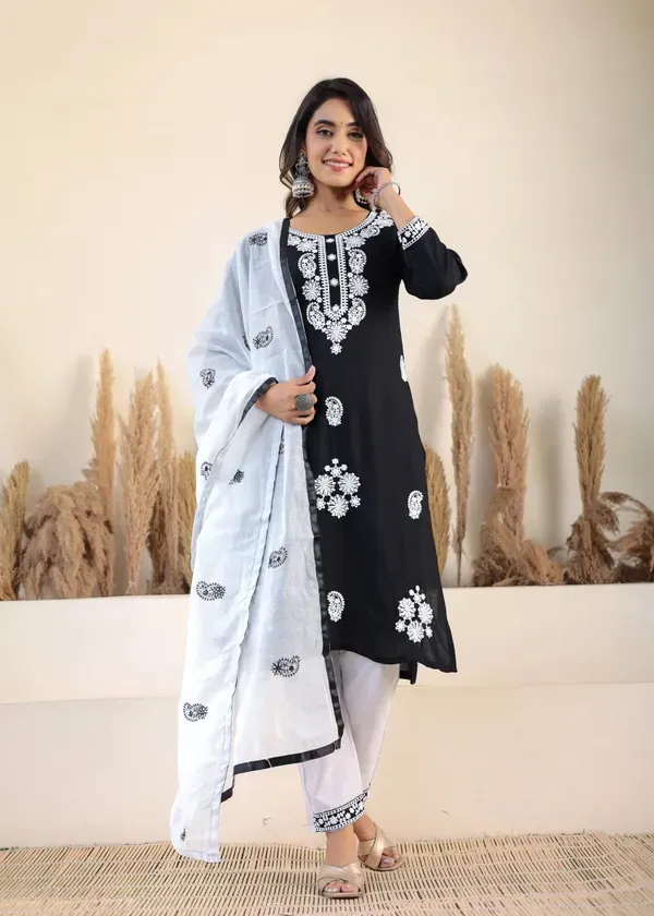 Black_Rayon_Chikankari_Kurti_With_Dupatta_And_Bottom_Wear_3_Piece_Set_For_W