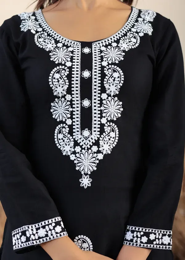 Black_Rayon_Chikankari_Kurti_With_Dupatta_And_Bottom_Wear_3_Piece_Set_For_W