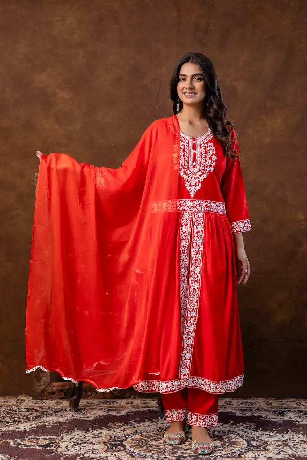 Red_Women_Embroidered_Fashionable_Printed_Naira_Cut_Kurta_Pant_And_Dupatta_Set_For_Wedding_Party_Festivals