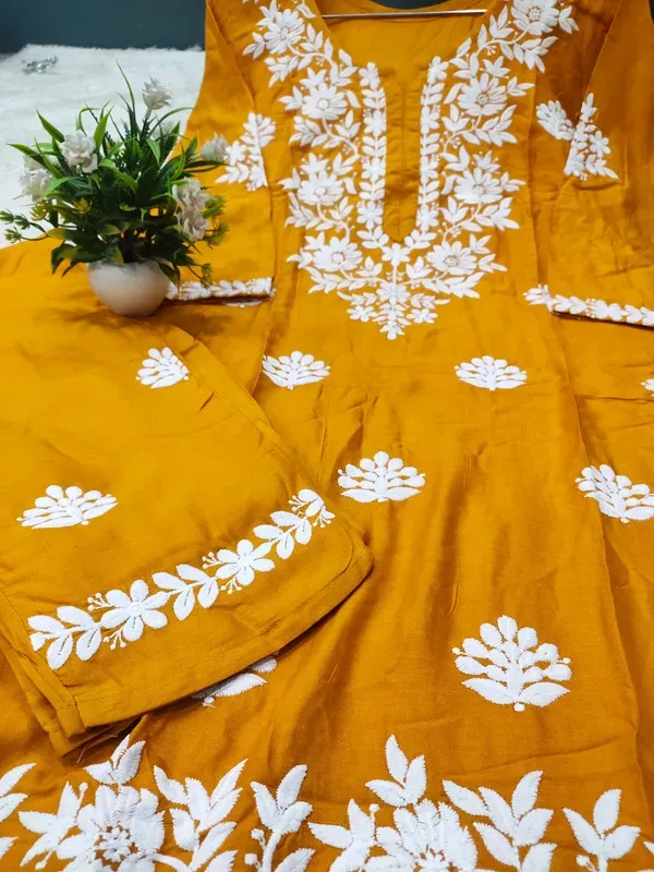 Yellow_Women_Embroidery_Chikankari_Kurti_Plazzo_Set
