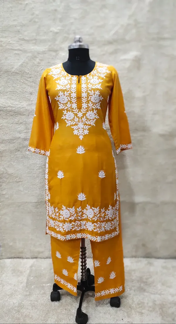Yellow_Women_Embroidery_Chikankari_Kurti_Plazzo_Set