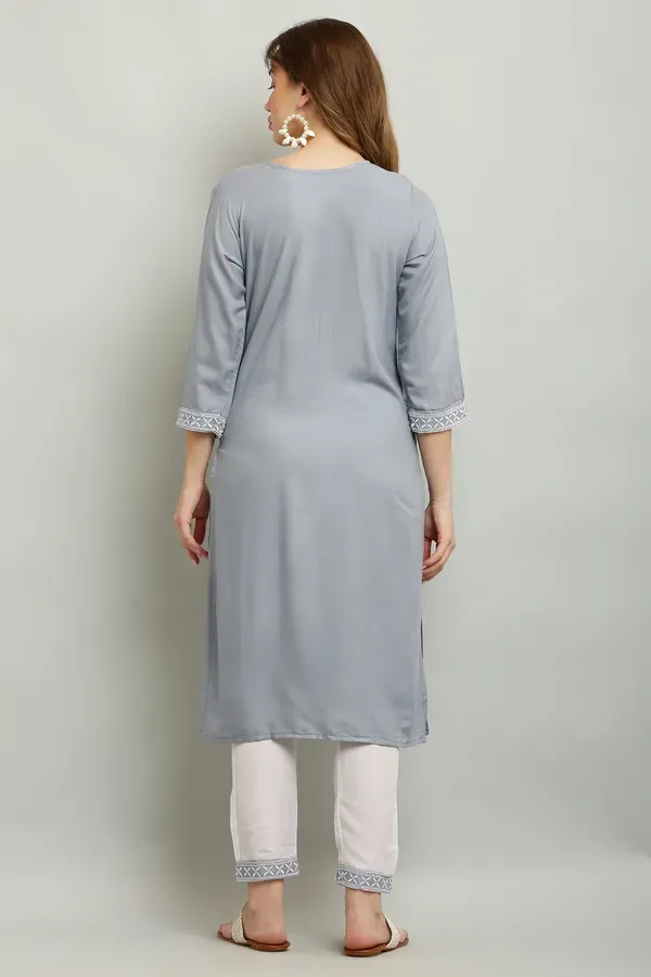 Grey_Rayon_Kurti_With_Dupatta_And_Bottom_Wear_3_Piece_Set_For_Women