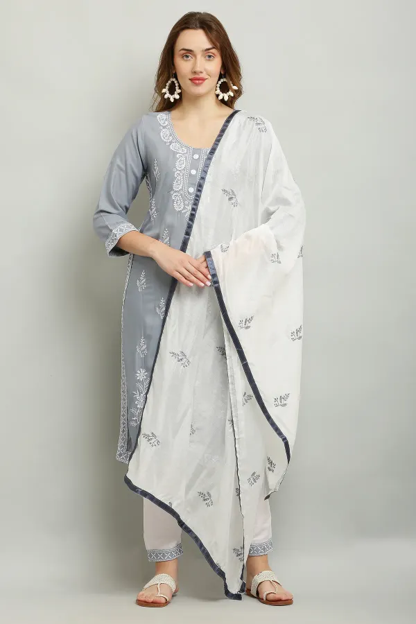 Grey_Rayon_Kurti_With_Dupatta_And_Bottom_Wear_3_Piece_Set_For_Women