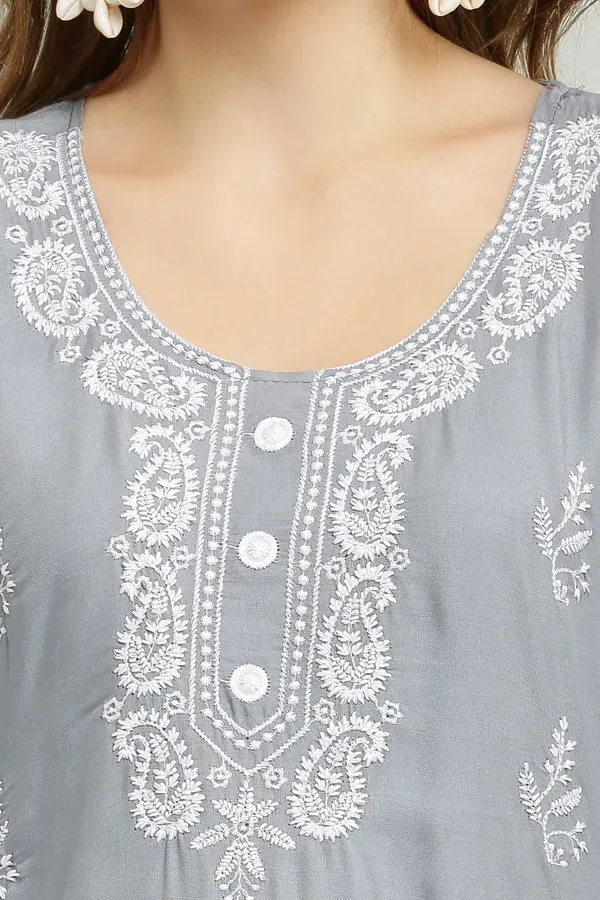 Grey_Rayon_Kurti_With_Dupatta_And_Bottom_Wear_3_Piece_Set_For_Women