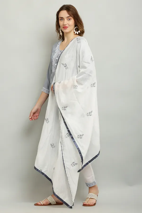 Grey_Rayon_Kurti_With_Dupatta_And_Bottom_Wear_3_Piece_Set_For_Women