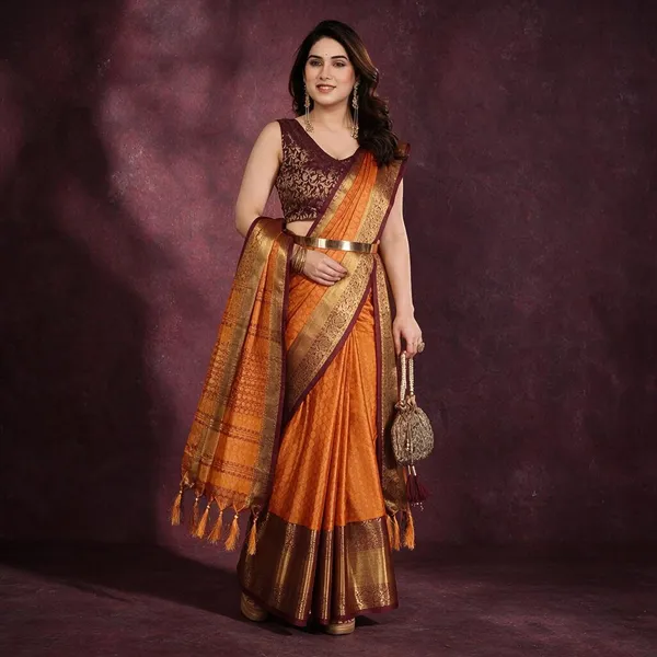 Orange_And_Brown_Silk_Cotton_Saree_For_Women