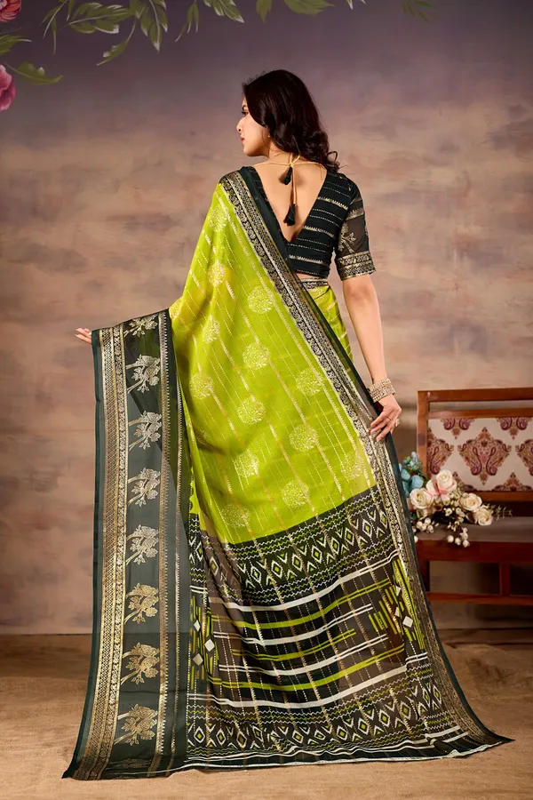 Lime_Green_With_Black_Pure_Georgette_Saree_For_Women